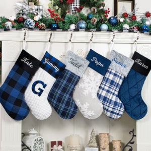 Personalized Christmas Stockings Blue Plaid Holiday Stockings For Farmhouse Decoration Embroidered Name Family Stockings for Christmas Gift