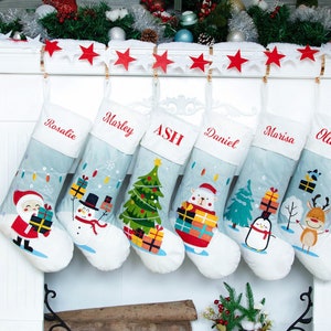 Personalized Christmas Stockings Blue Velvet Stocking for Christmas Decoration Holiday Stockings Embroidered Name Stockings for Family Gifts