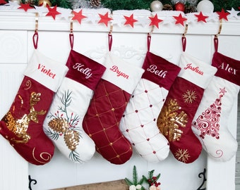Personalized Christmas Stockings Red White Velvet Sequin Holiday Stockings Embroidered Plaid Family Stockings For Christmas Decoration