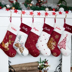 Christmas Stockings Personalized Velvet Holiday Stocking with Sequin for Christmas Decor Red White Family Stocking with Embroidery Name Gift