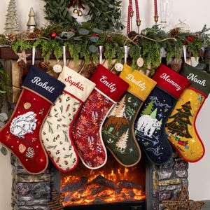 Personalized Christmas Stockings Vintage Farmhouse Stockings with Hemmed Edges Embroidered Name Holiday Stockings for Family Gift Xmas Decor