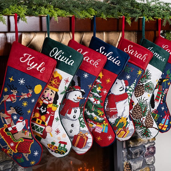 Personalized Needlepoint Christmas Stocking - Custom Embroidered Name Snowman Design 8x17 Inches