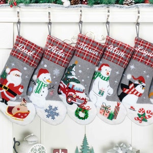 Personalized Christmas Stockings Plaid Stockings Applique Stockings Rustic Stocking for Holiday Decoration Embroidered Stockings Family GIft