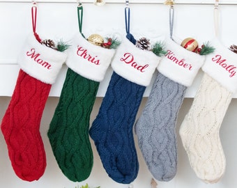 Embroidered Name Christmas Stockings Personalized Red Knitted Family Stockings Custom Holiday Stockings Plush Stockings for Christmas Gifts