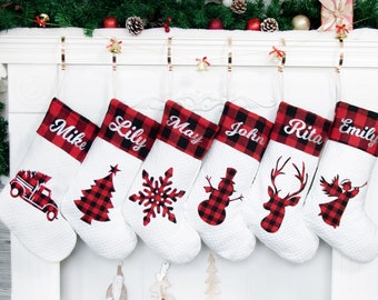 Christmas Stockings Personalized Family Stocking Buffalo Plaid Stocking Custom Name Stocking Holiday Silhouette Stocking for Christmas Gifts