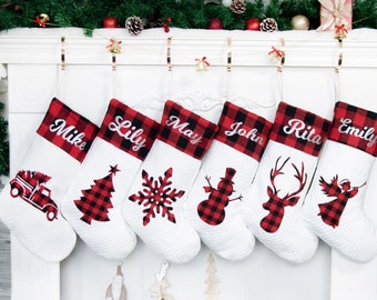 Personalized Christmas Stockings for Holiday Stocking Family Decoration Buffalo Plaid Stocking with Name for Farmhouse Stockings Burlap Gift