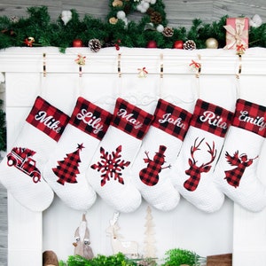 Personalized Christmas Stockings for Holiday Stocking Family Decoration Buffalo Plaid Stocking with Name for Farmhouse Stockings Burlap Gift