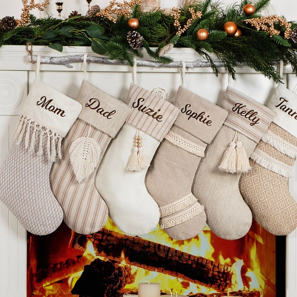 Christmas Stockings Personalized Boho Stockings Tassel Stockings Minimalist Stocking for Farmhouse Decoration Neutral Stockings Name Gift