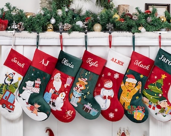 Christmas Stockings Personalized Embroidered Luxury Velvet Stocking with Cute Applique for Family Gifts Custom Name Stockings Holiday Decor