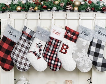 Personalized Christmas Stockings Buffalo Plaid Fur Holiday Stocking For Farmhouse Decoration Embroidered Stocking for Family Christmas Gift