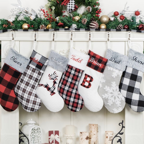 Personalized Christmas Stockings Buffalo Plaid Fur Holiday Stocking For Farmhouse Decoration Embroidered Stocking for Family Christmas Gift