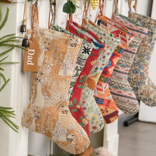 Christmas Stockings Personalized Natural Stockings Kilim Stockings With Embroidery Leather Tag Rustic Stockings for Family Holiday Decor
