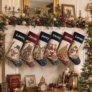 Op de afbeelding: Zes gepersonaliseerde kerstsokken hangen op een rij, elk met een unieke kerstsc&egrave;ne waaronder een sneeuwpop, beer, hert, kerstman, kerstboom en pingu&iuml;n, met de namen Laura, Jacob, Jerry, David, Sarah en Lucas erop geborduurd.