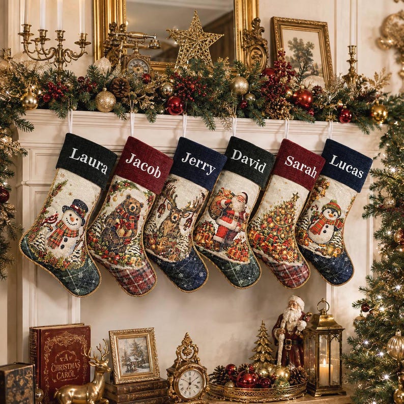Op de afbeelding: Zes gepersonaliseerde kerstsokken hangen op een rij, elk met een unieke kerstsc&egrave;ne waaronder een sneeuwpop, beer, hert, kerstman, kerstboom en pingu&iuml;n, met de namen Laura, Jacob, Jerry, David, Sarah en Lucas erop geborduurd.