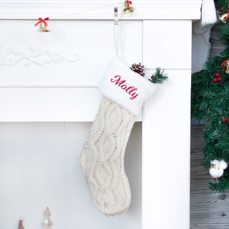 Christmas Stockings Personalized Knitted Family Stocking Plush Stocking with Name for Holiday Decoration Embroidered Stocking Christmas Gift #5 White