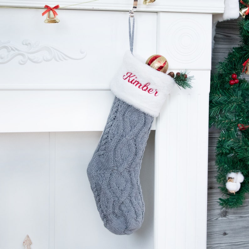 Christmas Stockings Personalized Knitted Family Stocking Plush Stocking with Name for Holiday Decoration Embroidered Stocking Christmas Gift #4 Gray