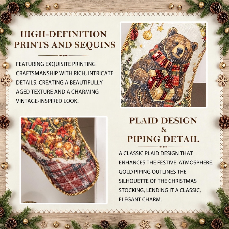 Op de afbeelding: Een kerstkous met een high-definition print van een beer die een cadeau vasthoudt, versierd met pailletten. De kous heeft een rood-wit ruitpatroon, gouden biezen langs de randen en een feestelijk ontwerp met diverse kerstversieringen.
