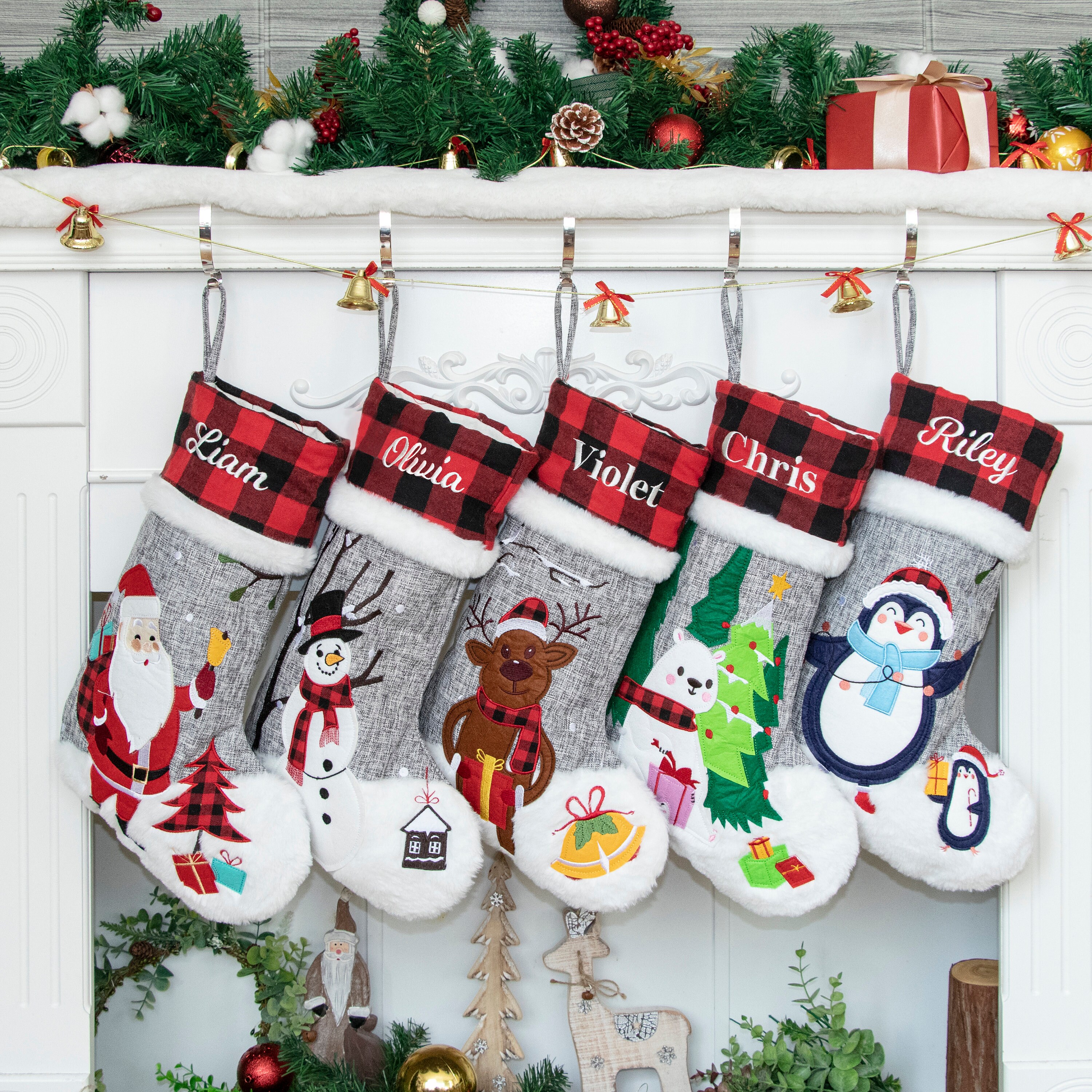 Embroidered with a name Personalised Grey Checked Penguin Christmas Felt Christmas Stocking with check design