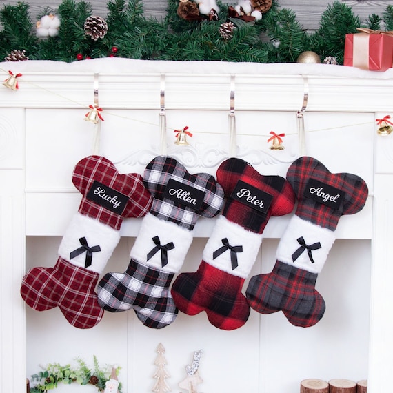 Dog w/Plaid Bow & Fuzzy Hat Christmas Stocking-Decorative Felt Stocking 