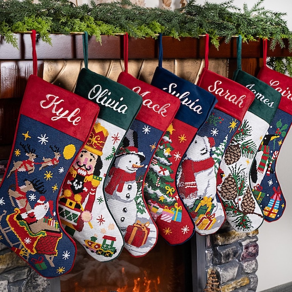 Personalized Christmas Stockings Luxury Vintage Needlepoint Stocking Embroidered Velvet Stocking with Name Holiday Stocking for Family Decor