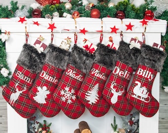 Personalized Christmas Stockings Traditional Quilted Red British Plaid Family Stockings Christmas Decorations Holiday Ornament