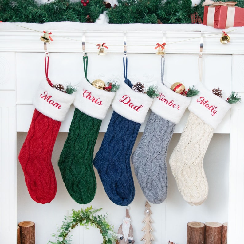 Christmas Stockings Personalized Knitted Family Stocking Plush Stocking with Name for Holiday Decoration Embroidered Stocking Christmas Gift image 1