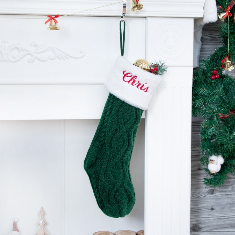 Christmas Stockings Personalized Knitted Family Stocking Plush Stocking with Name for Holiday Decoration Embroidered Stocking Christmas Gift #2 Green
