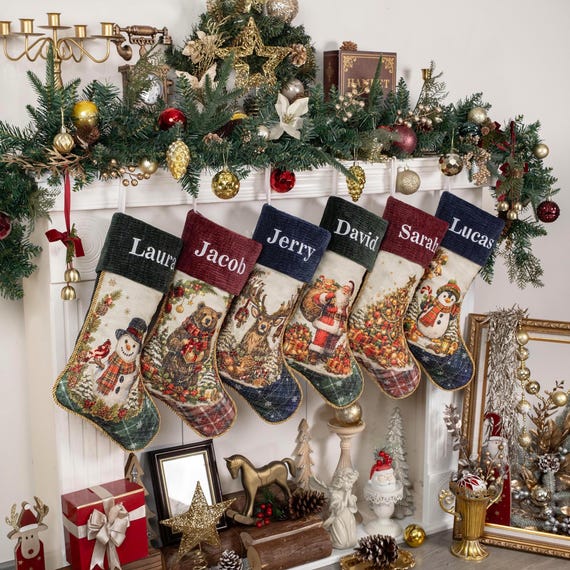 Personalized Christmas Stockings Luxury Vintage Stocking Embroidered Plaid Applique Stocking with Name for Holiday Stocking for Family Gifts