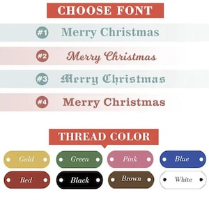 Może przedstawiać: Tabela wyboru czcionek przedstawiająca cztery style tekstu Merry Christmas, ponumerowane od jednego do czterech. Poniżej znajduje się karta kolor&oacute;w nici z ośmioma prostokątnymi etykietami w kolorach złotym, zielonym, r&oacute;żowym, niebieskim, czerwonym, czarnym, brązowym i białym.