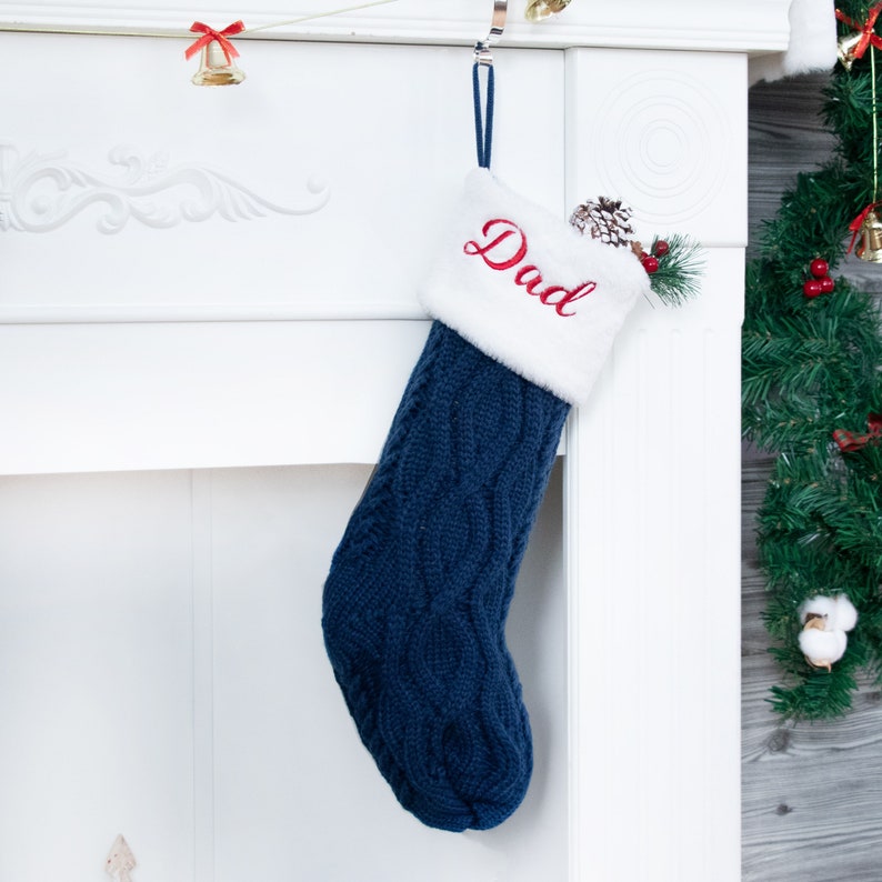 Christmas Stockings Personalized Knitted Family Stocking Plush Stocking with Name for Holiday Decoration Embroidered Stocking Christmas Gift #3 Blue