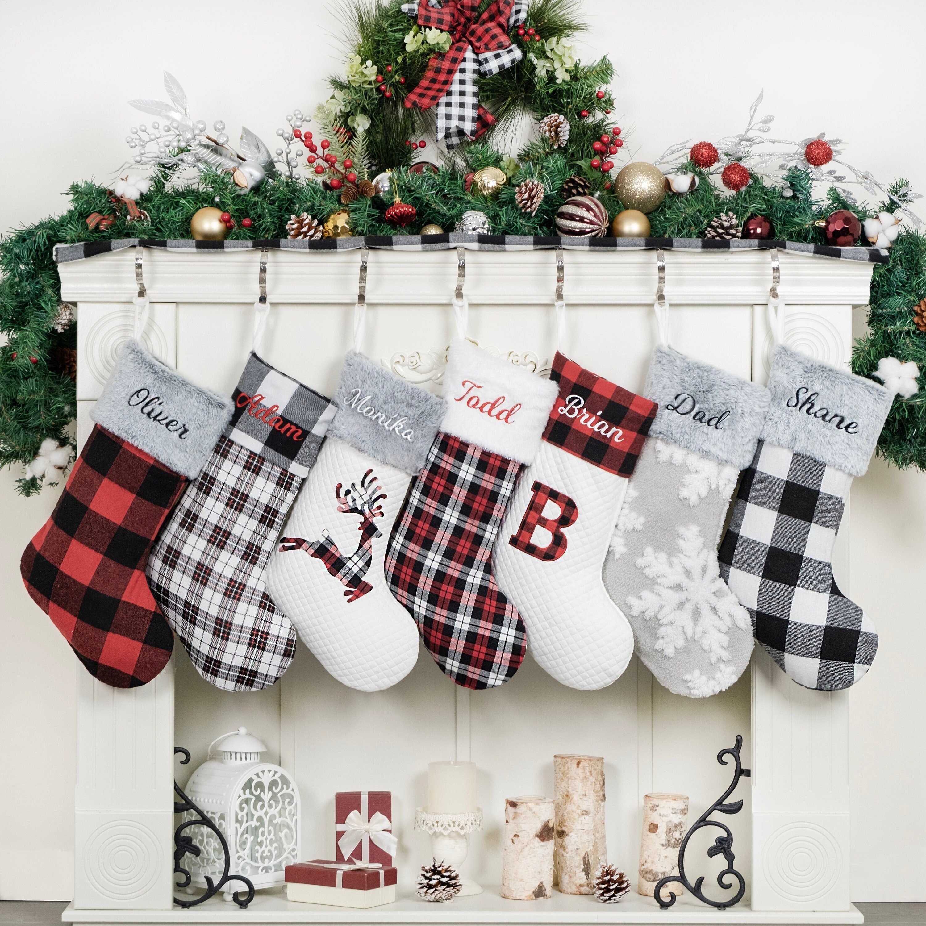 Christmas Stockings Personalized Stockings for Holiday Custom Plaid Fur Stocking For Farmhouse Embroidery Stocking for Family Christmas Gift