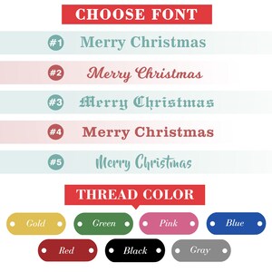 We offer a lot of customization options, you can choose the font and thread color you like. Feel free to mix and match.