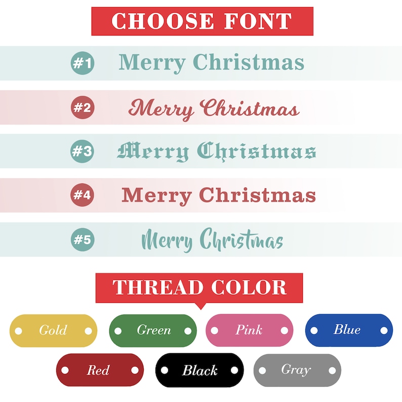 We offer a lot of customization options, you can choose the font and thread color you like. Feel free to mix and match.