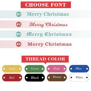 K&ouml;nnte beinhalten: Bild mit Schrift- und Garnfarboptionen. Der Text "CHOOSE FONT" steht oben, gefolgt von vier Schriftarten von "Merry Christmas". Darunter wird "THREAD COLOR" mit Farboptionen angezeigt: Gold, Gr&uuml;n, Pink, Blau, Rot, Schwarz, Braun und Wei&szlig;.
