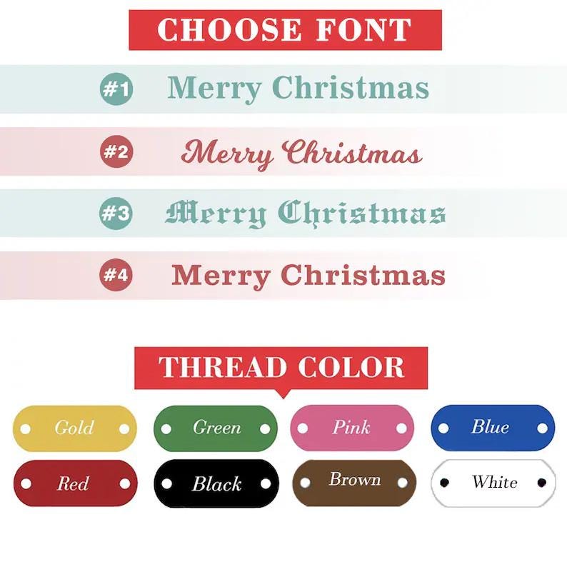 K&ouml;nnte beinhalten: Bild mit Schrift- und Garnfarboptionen. Der Text "CHOOSE FONT" steht oben, gefolgt von vier Schriftarten von "Merry Christmas". Darunter wird "THREAD COLOR" mit Farboptionen angezeigt: Gold, Gr&uuml;n, Pink, Blau, Rot, Schwarz, Braun und Wei&szlig;.