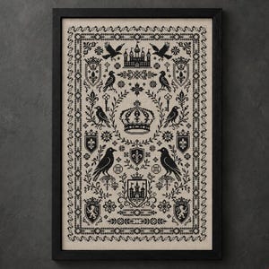 Raven Monochrome Sampler Cross Stitch Pattern Royal Crown Embroidery Heraldic Castle Counted Xstitch #2203
