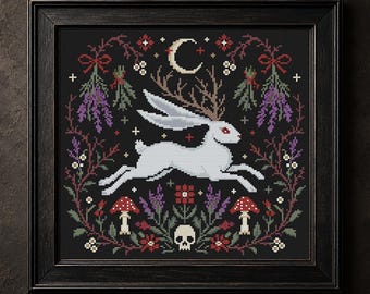 Jackalope Cross Stitch Pattern Gothic Folk Art Sampler Woodland Animal Counted Embroidery #2098