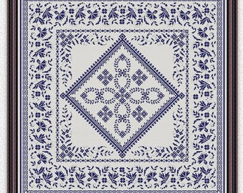 Florales monochromes Stickmuster für Kreuzstichkissen mit Blumenbordüre (Zählmuster #2187)
