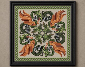 Celtic serpent dragons cross stitch pattern Snakehead dragons embroidery Pillow counted xstitch #182