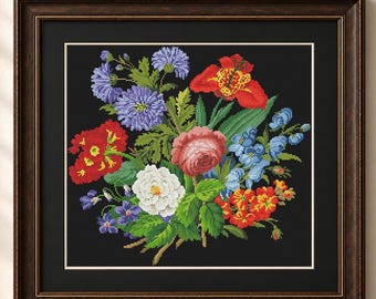 Flowers Bouquet Cross Stitch Antique Pattern Vintage Floral Counted Embroidery #656