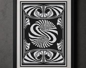 Monochrome Geometric Cross Stitch Pattern Black and White Abstract Optical Illusion Counted Embroidery #2029