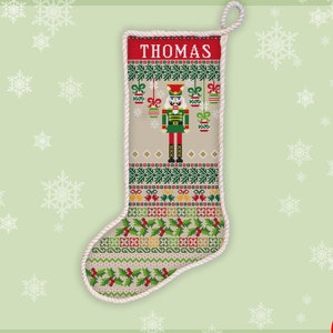 Nutcracker stocking cross stitch pattern Personalize Christmas stocking embroidery sampler Santa sock Mistletoe ornament xstitch chart #511*