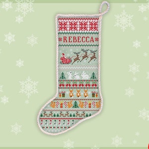 Personalize Christmas stocking cross stitch pattern Santa Claus riding reindeer embroidery DIY holiday mantel decor xstitch chart #504*
