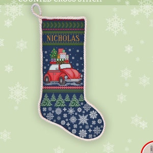 Christmas red truck stocking cross stitch pattern Personalized Santa sock xstitch Snowflakes ornament Xmas pick up truck embroidery #535