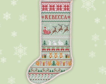 Personalize Christmas stocking cross stitch pattern Santa Claus riding reindeer embroidery DIY holiday mantel decor xstitch chart #504*