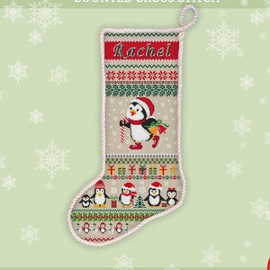 Personalized Christmas penguin stocking cross stitch pattern DIY Holiday decoration embroidery design Snowflakes ornament xstitch chart #519