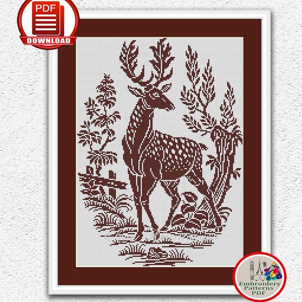 Wild deer counted cross stitch pattern Monochrome sampler xstitch chart Forest reindeer embroidery design Woodland animal cross stitch #203