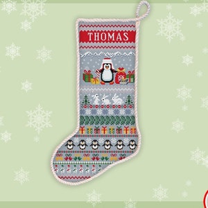 Penguin stocking cross stitch pattern Personalized Santa sock embroidery Christmas Bunny Snowmen Snowflakes ornament xstitch chart #509