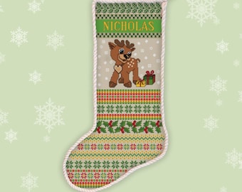 Christmas cute reindeer stocking cross stitch pattern Personalized Santa sock embroidery design DIY Holiday decoration xstitch chart #538