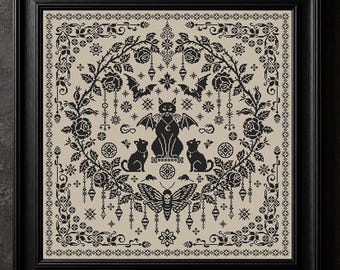 Monochrome Gothic Black Cats Cross Stitch Pattern Bats Moth Roses Wreath Counted Embroidery #1032